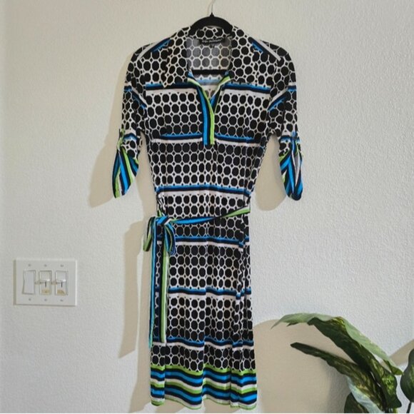 "Mlle Gabrielle" Dress, Stylish Black, Blue, Green And White Patterned Dress - Picture 3 of 16